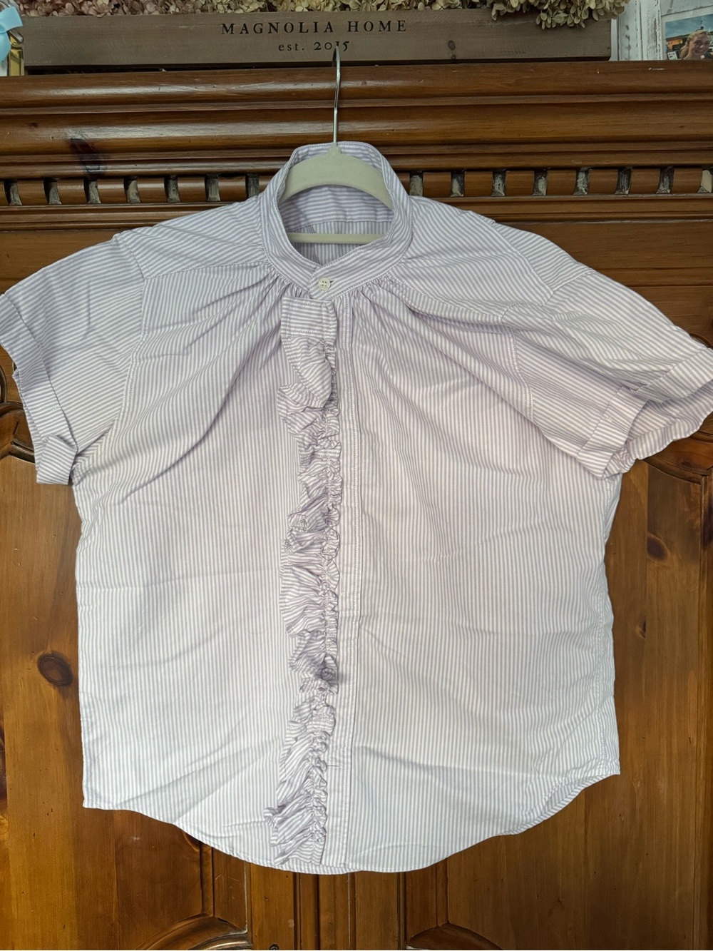 Light Lavender Pinstripe Ruffle-Front Button Down Shirt